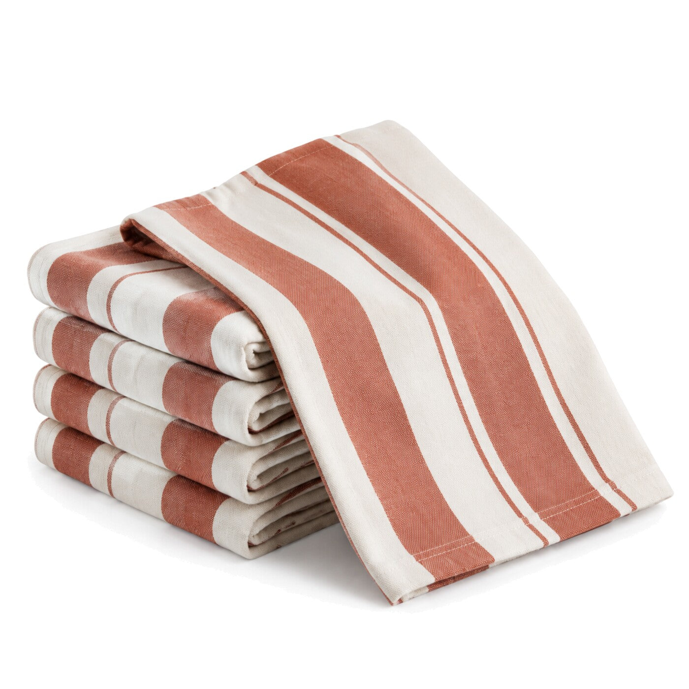 Primeval rust and ivory broad stripe cotton kitchen towel set in folded studio presentation