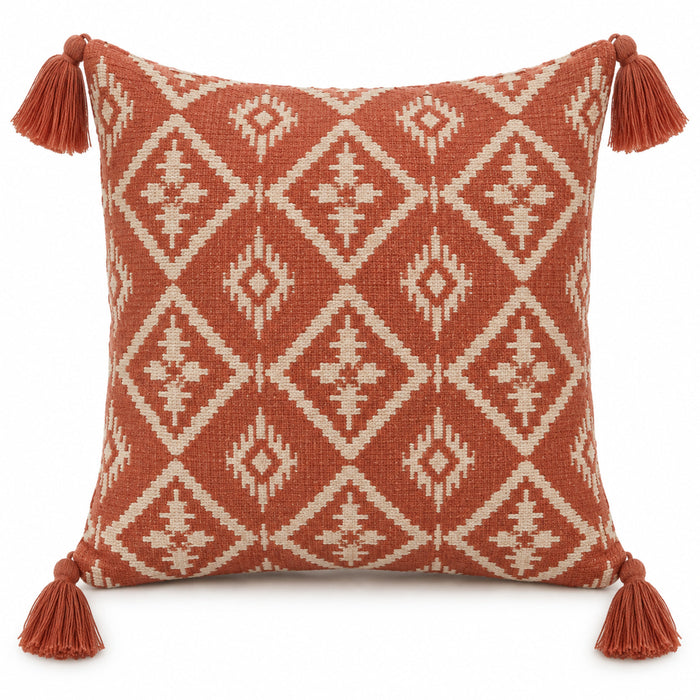 Rust decorative cushion cover with ivory diamond geometric pattern and corner tassels