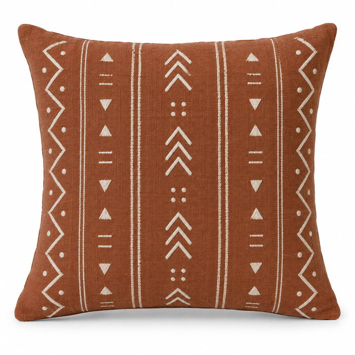 Rust decorative cushion cover with ivory tribal line and arrow motifs