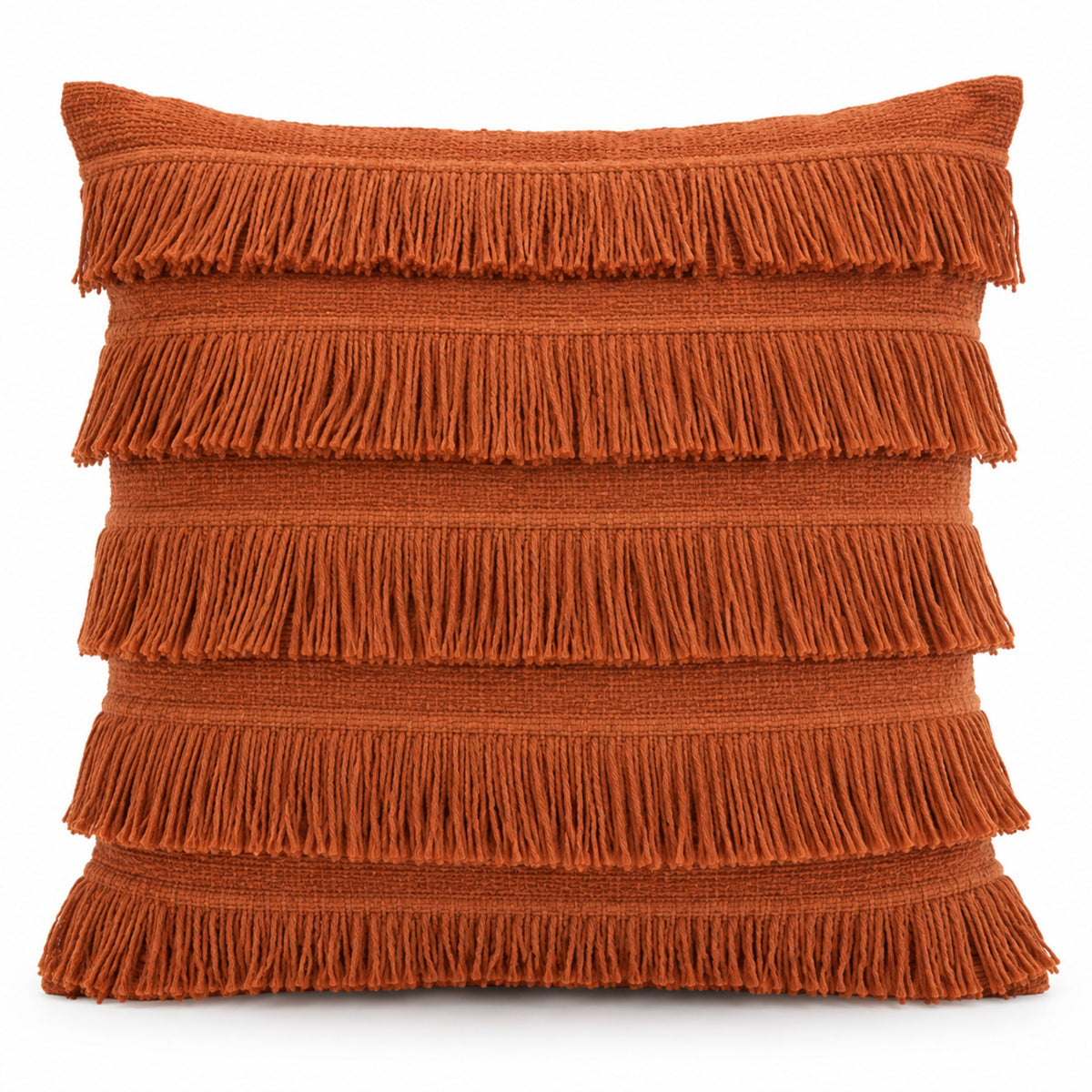 Rust decorative cushion cover with layered horizontal fringe detailing