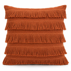 Rust decorative cushion cover with layered horizontal fringe detailing