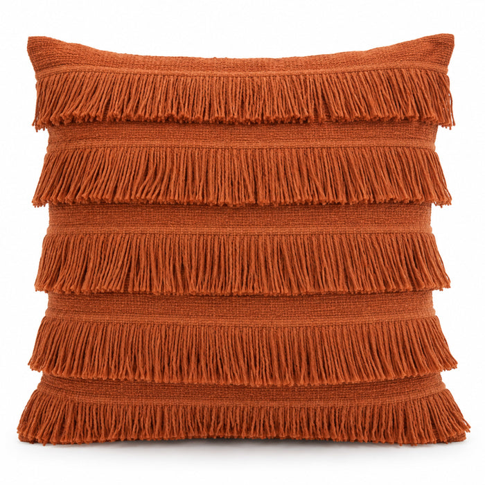 Rust decorative cushion cover with layered horizontal fringe detailing
