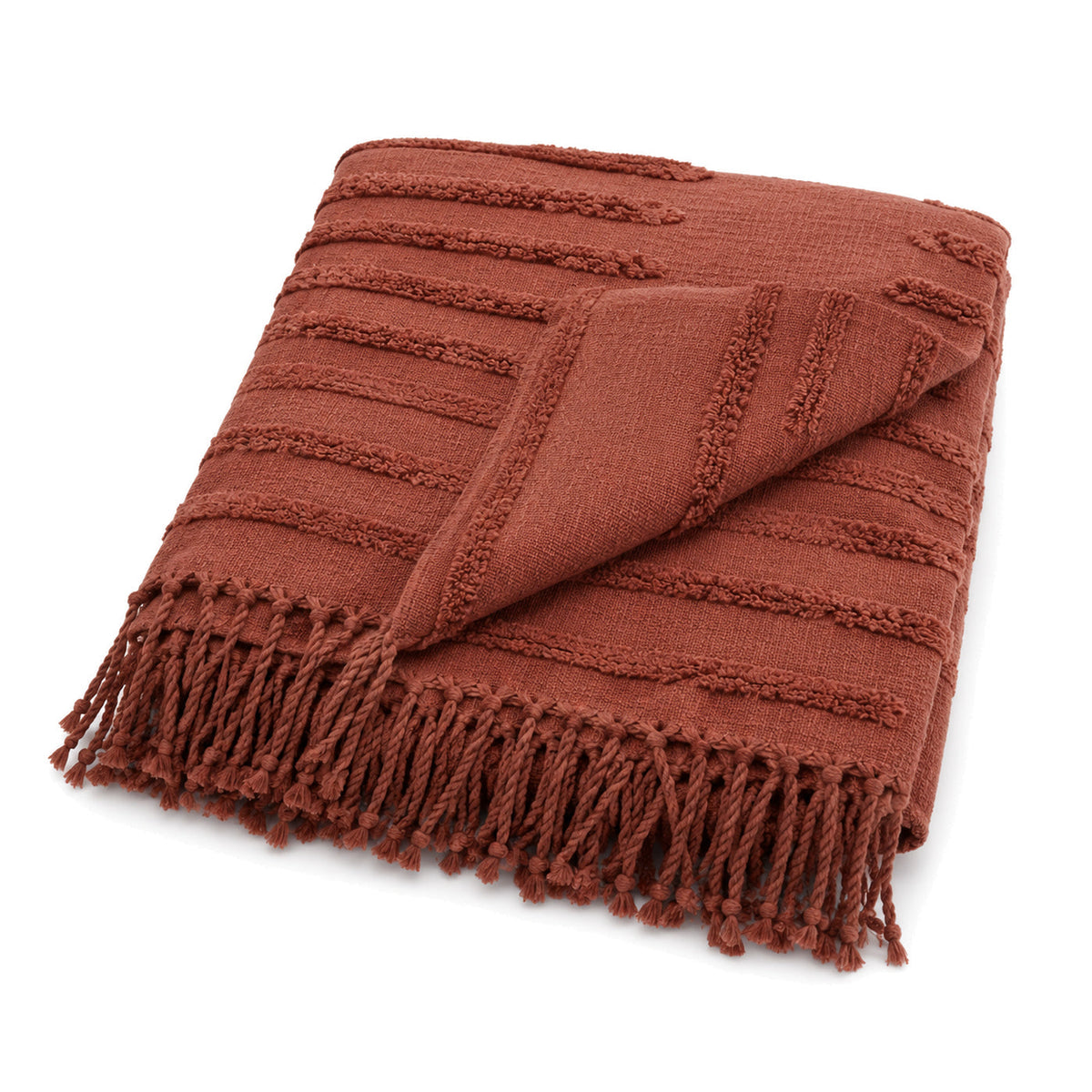 Rust linear tufted textured cotton throw with fringe 130×170 cm by Primeval