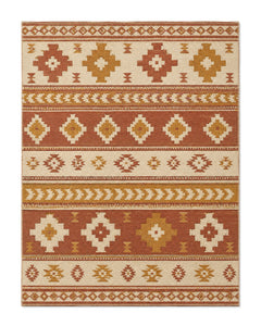 Rust, mustard and ivory flatweave area rug with horizontal tribal-inspired geometric motifs on a white background.