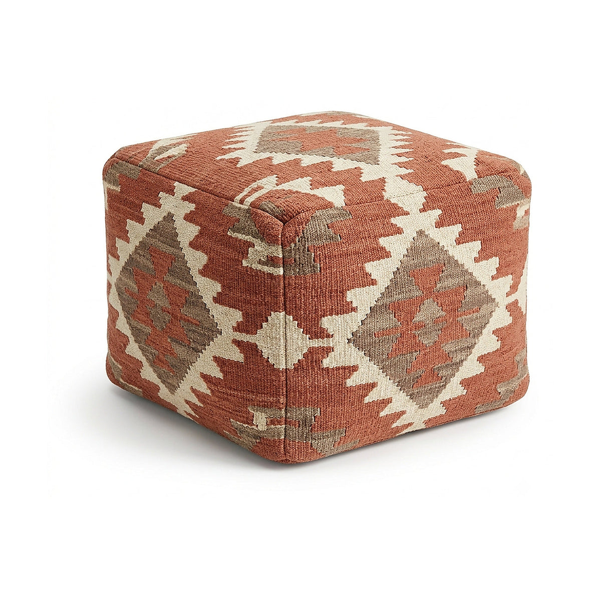Rust and natural diamond kilim-style cube pouf by Primeval