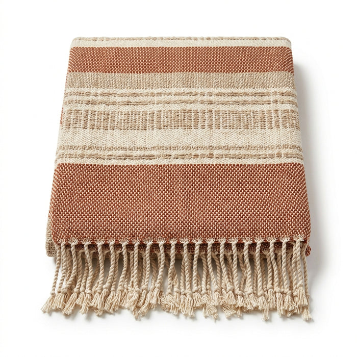 Rust and natural heritage stripe woven cotton throw with fringe 130×170 cm by Primeval