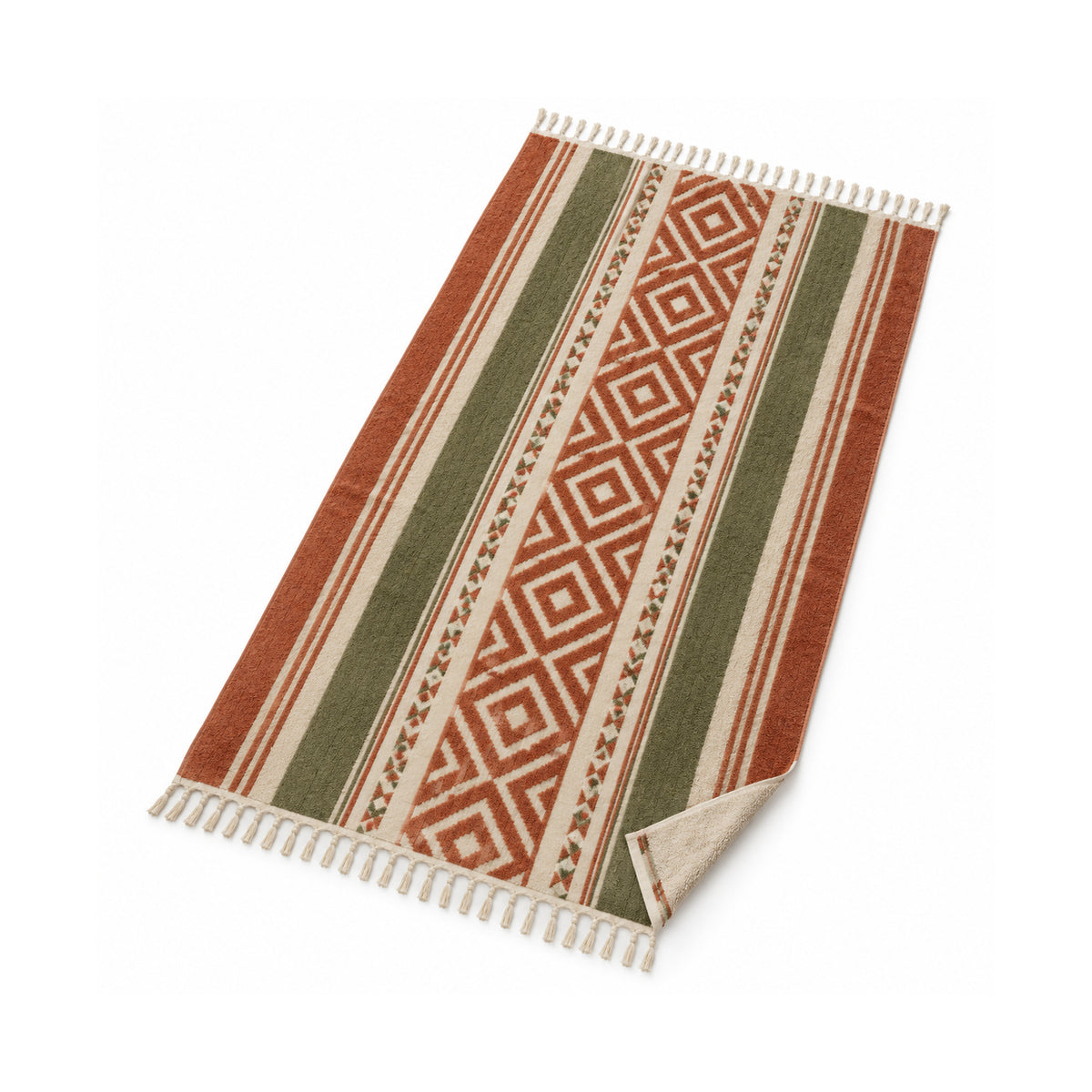 Rust, olive and natural tribal stripe fringed beach towel.