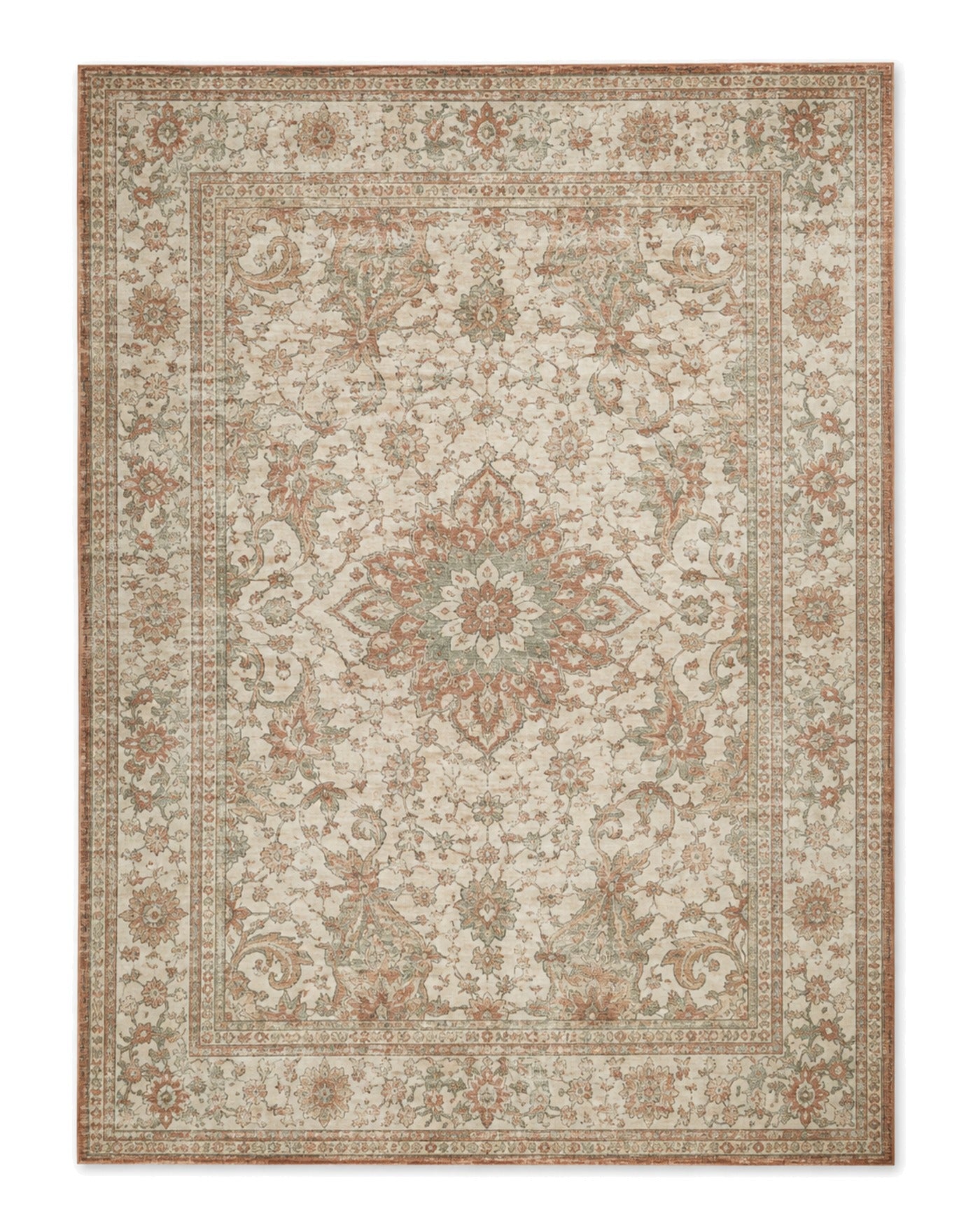 Rust and muted sage printed area rug with a distressed ornamental medallion pattern on a white background.