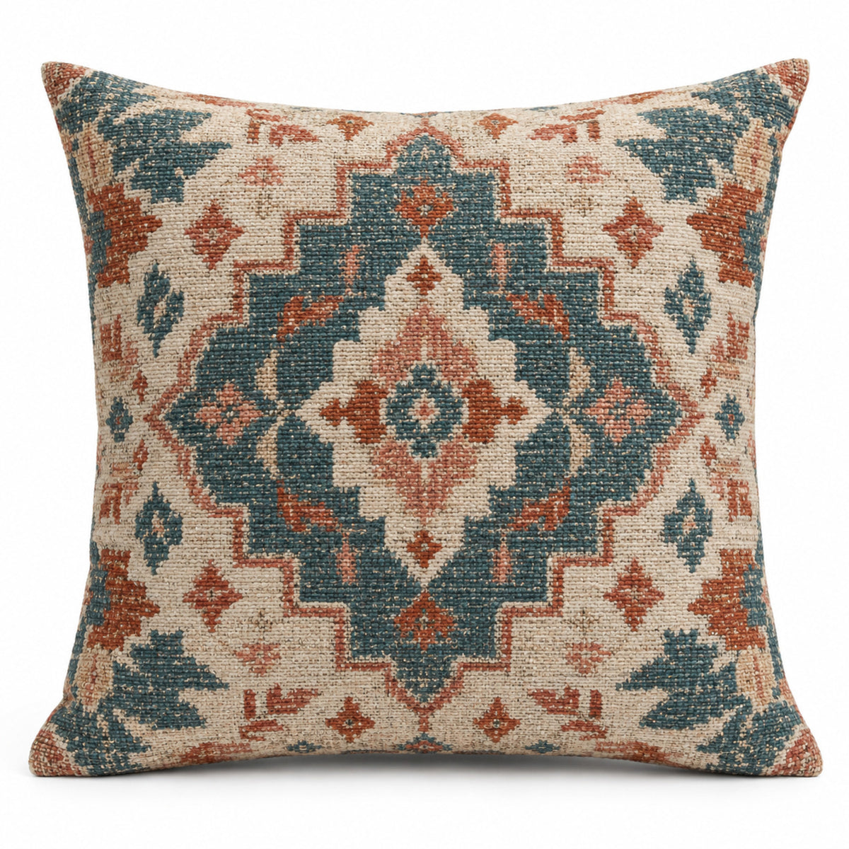 Rust teal and ivory decorative cushion with kilim style central medallion