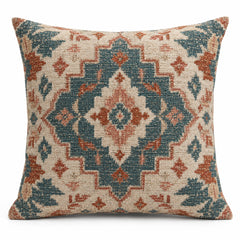 Rust teal and ivory decorative cushion with kilim style central medallion