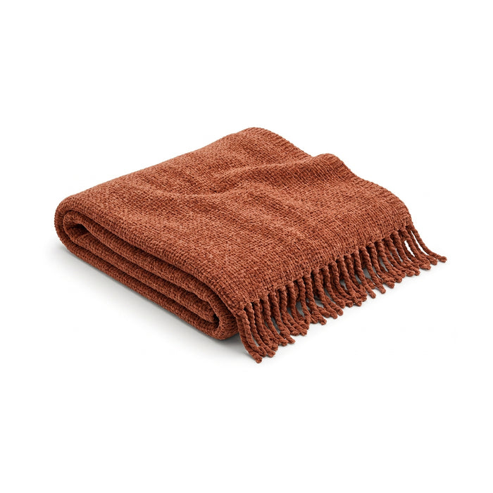 Rust terracotta solid textured cotton throw with fringe 130×170 cm by Primeval