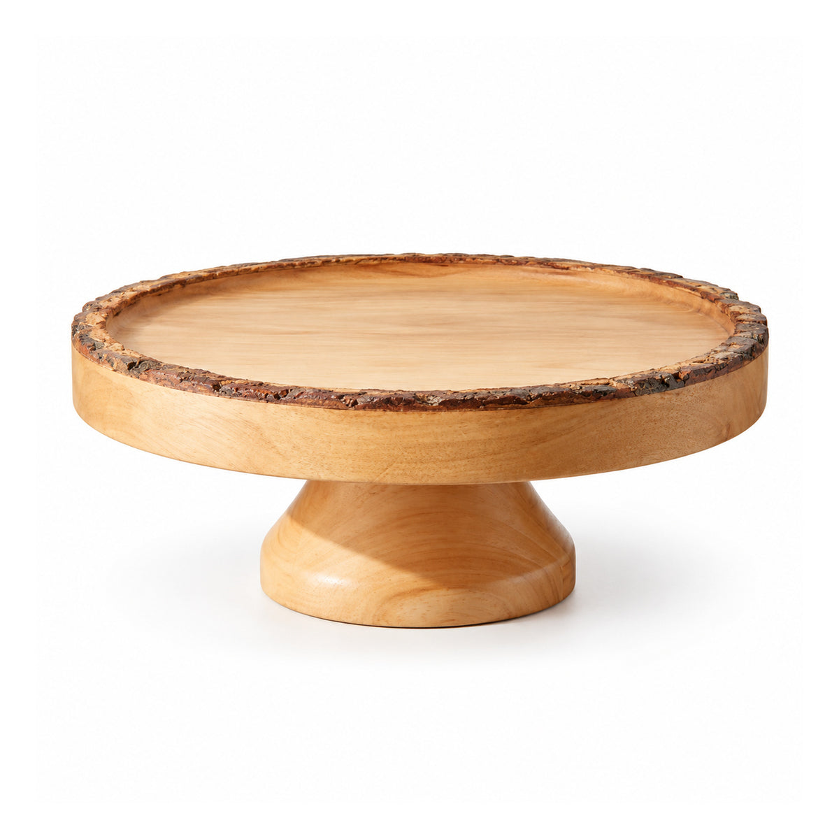 Rustic round wooden cake display stand with a natural bark-edged plate and short flared light-wood pedestal