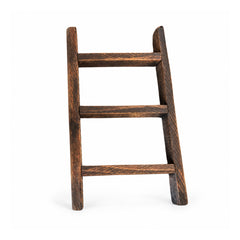Rustic dark-brown wooden ladder with three horizontal rungs, tapered side rails and a weathered grain finish