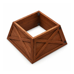 Open-top rectangular rustic deep-brown wooden storage crate with diagonal X-braced side panels and dark corner details