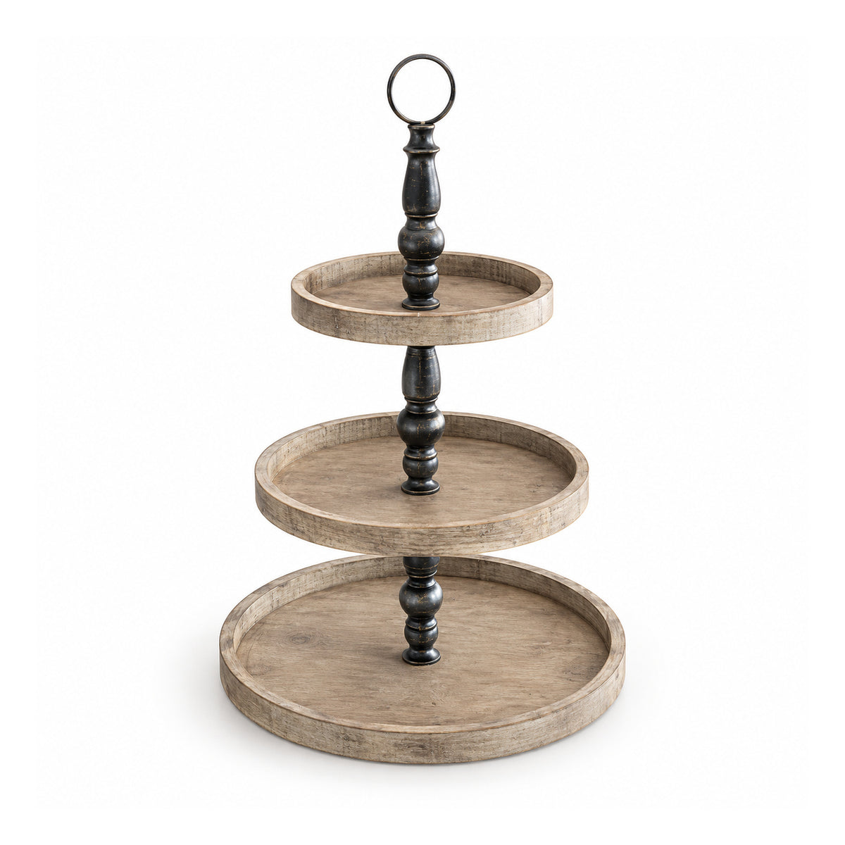 Rustic three-tier round wooden display stand with weathered grey-brown trays, black turned spindle and top ring handle