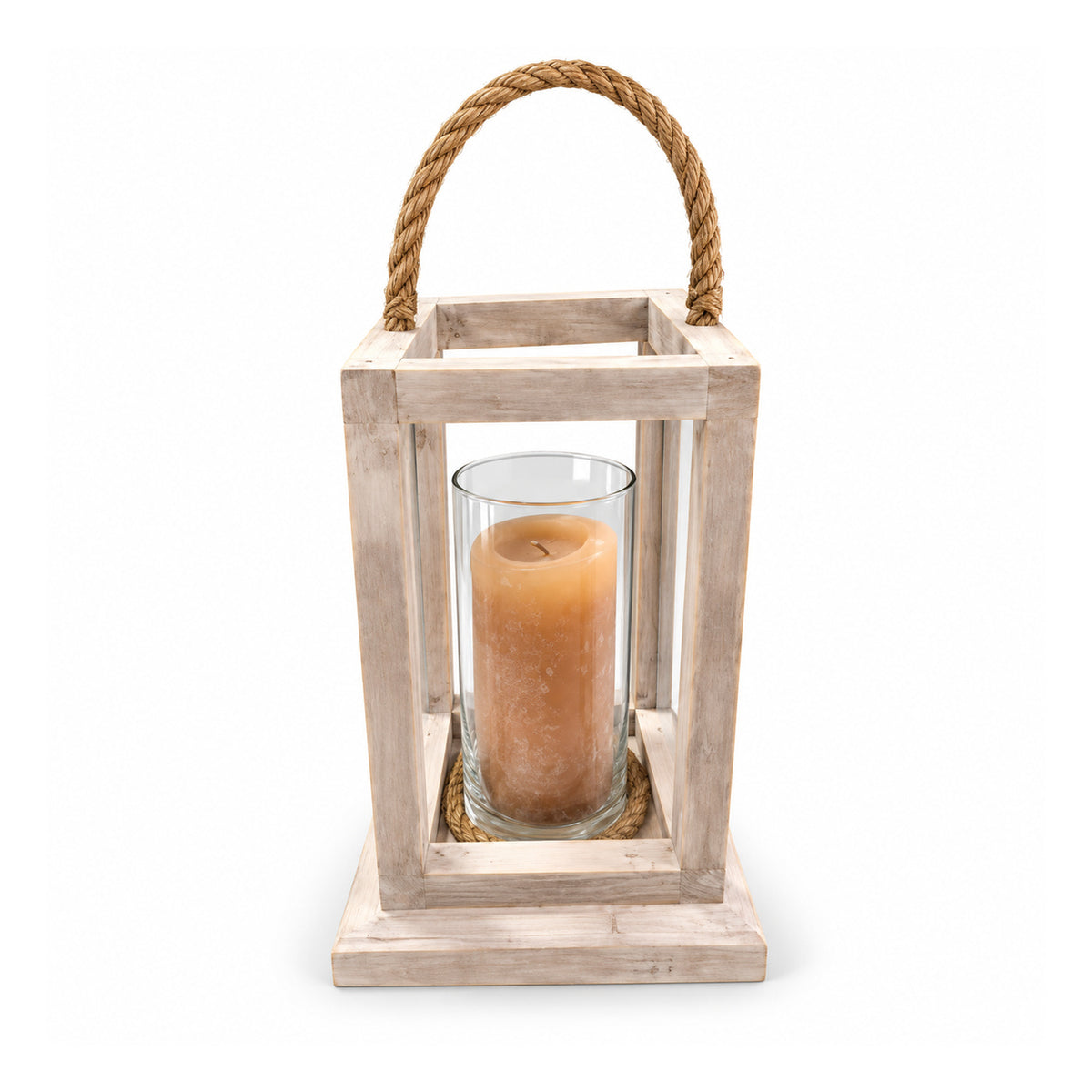 Rustic whitewashed square wooden lantern with thick rope handle, open glass-sided frame and candle inside
