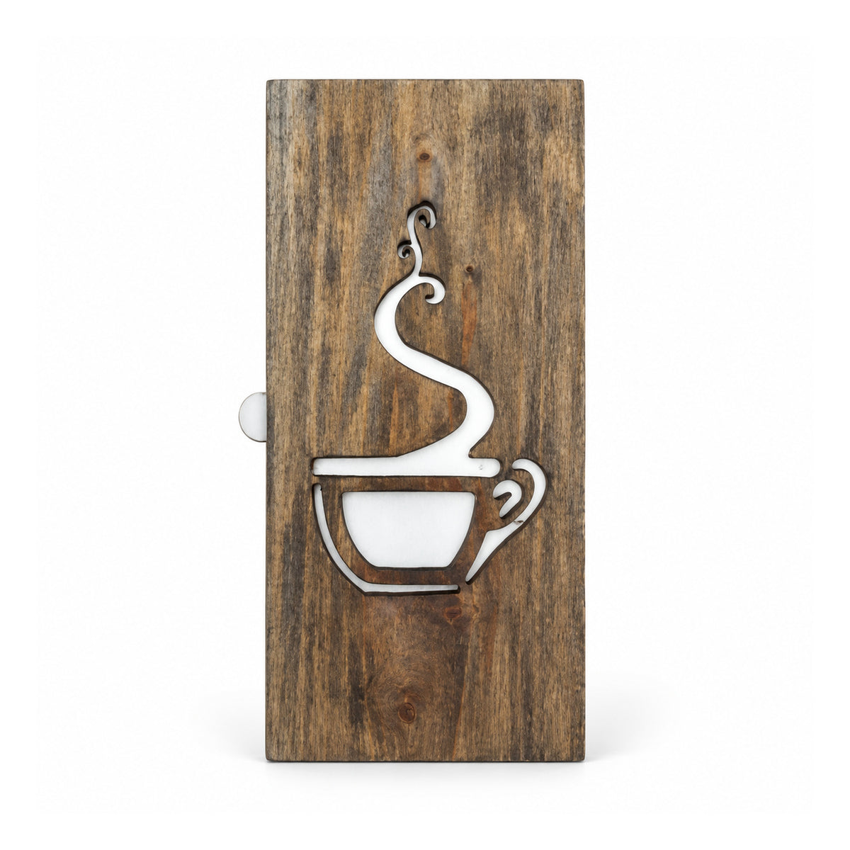 Narrow rustic weathered-wood wall plaque with a white metallic-looking coffee cup and curling steam silhouette