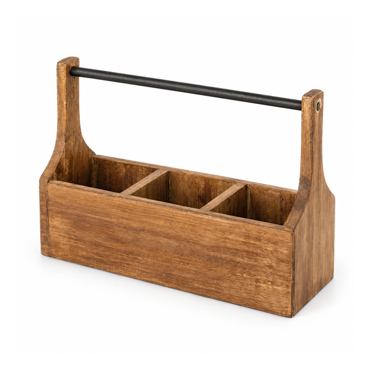 Rustic wooden rectangular open cutlery caddy with divided compartments, tall wooden end supports and a straight black metal handle