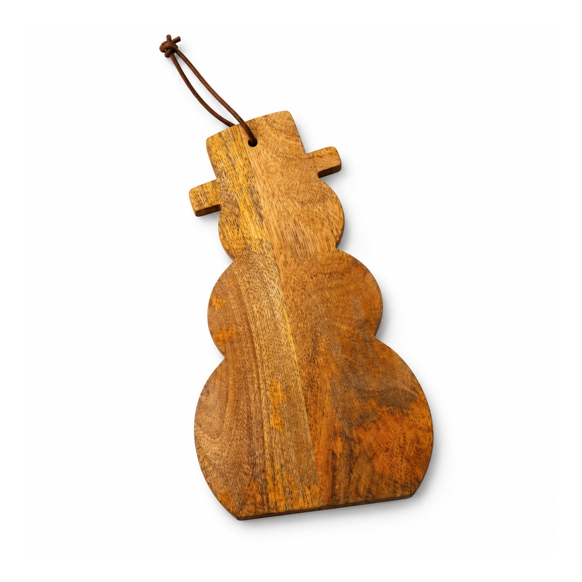Rustic hanging wooden snowman silhouette with top hat shape, natural brown grain and cord loop