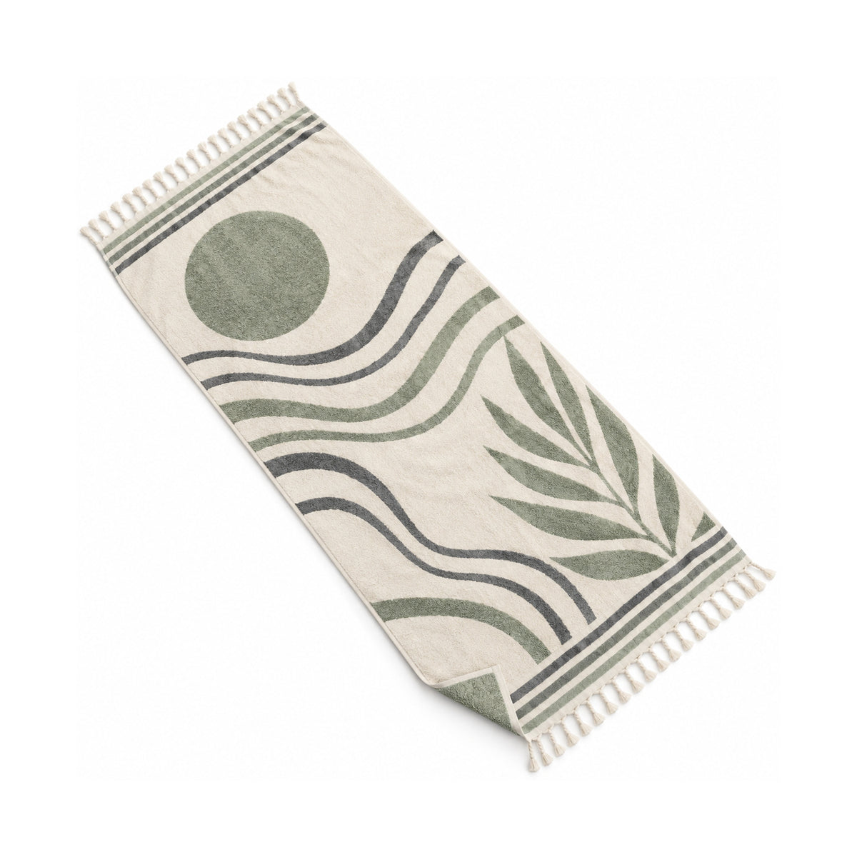 Ivory fringed beach towel with sage abstract sun, wave and leaf motifs.