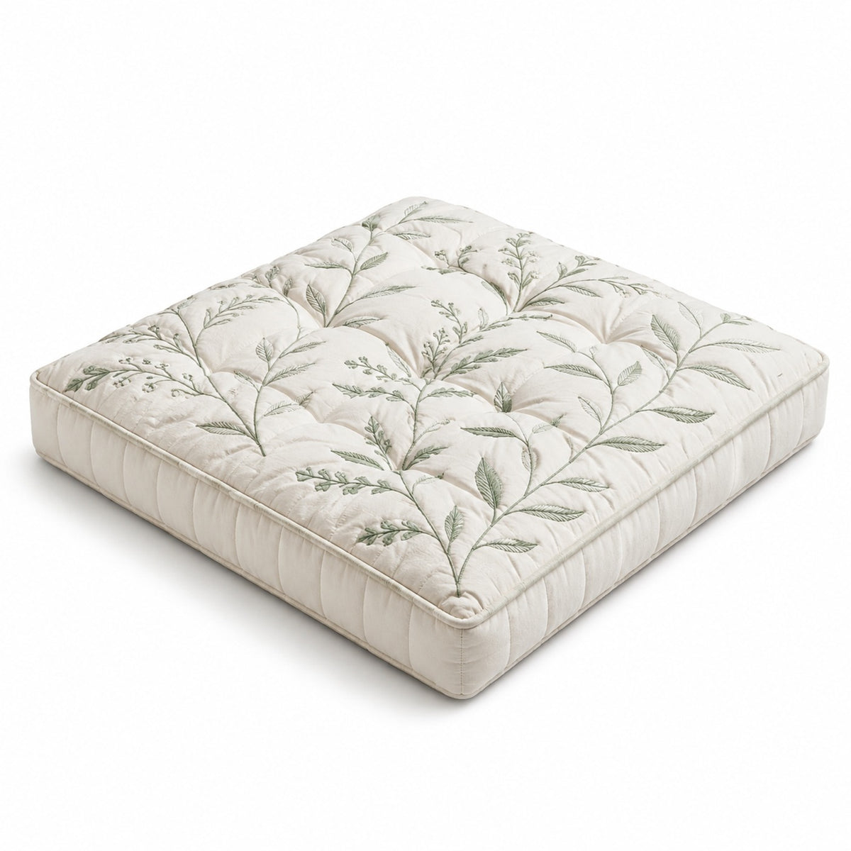 Ivory square floor cushion with sage botanical print on white background