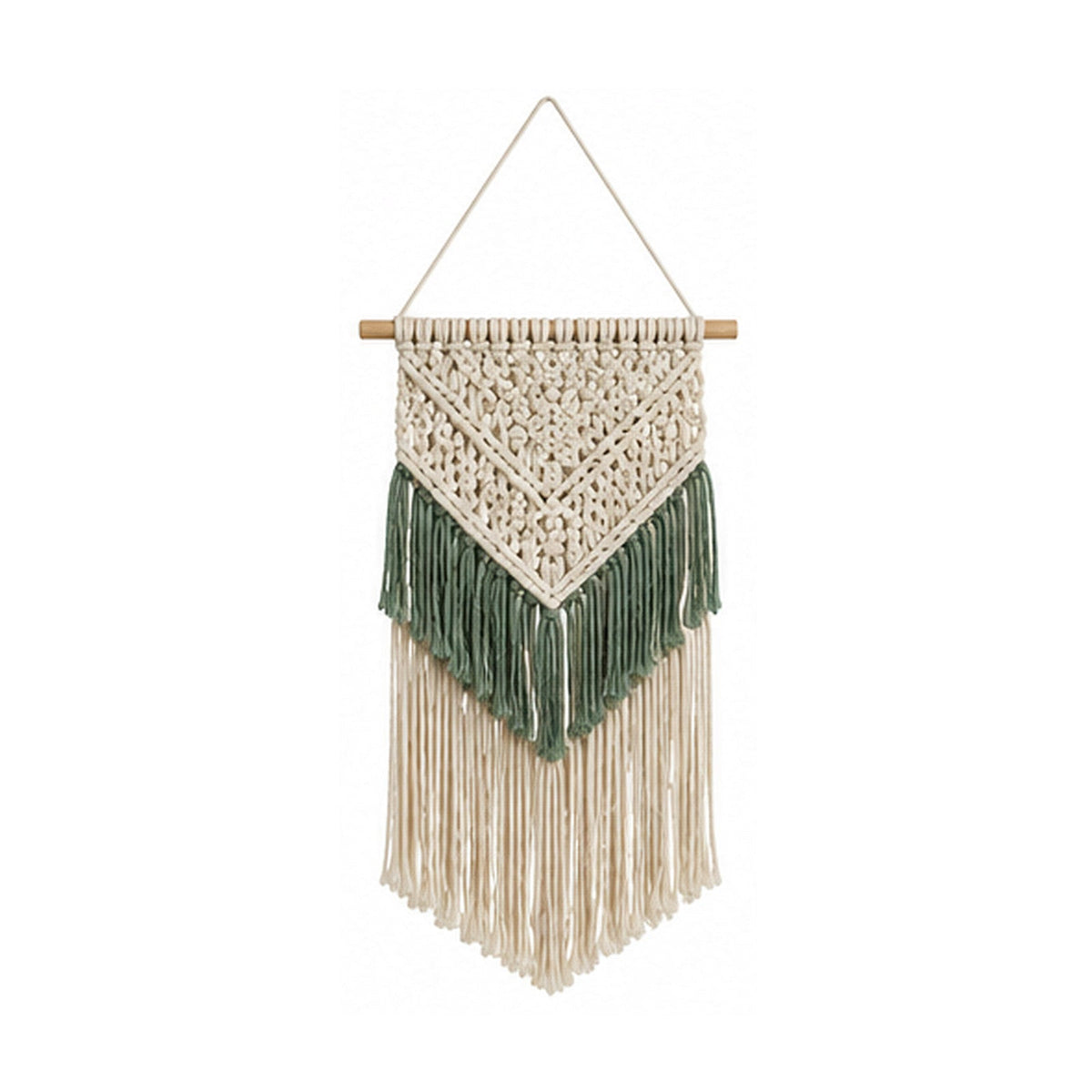Sage green and ivory chevron cotton macrame wall hanging with long fringe