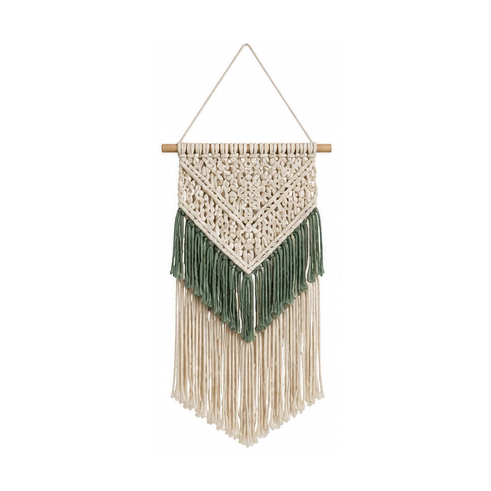 Sage green and ivory chevron cotton macrame wall hanging with long fringe