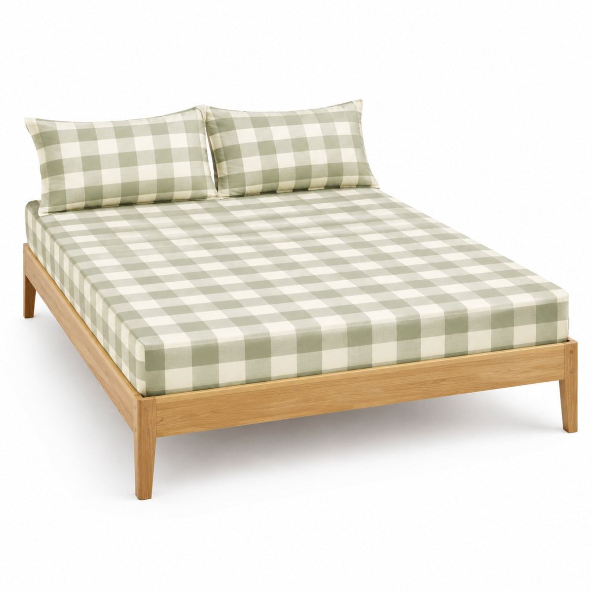 Sage and cream check bed sheet set with matching pillowcases on a wooden bed