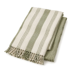 Sage green and cream handloom striped cotton throw with fringe 130×170 cm by Primeval