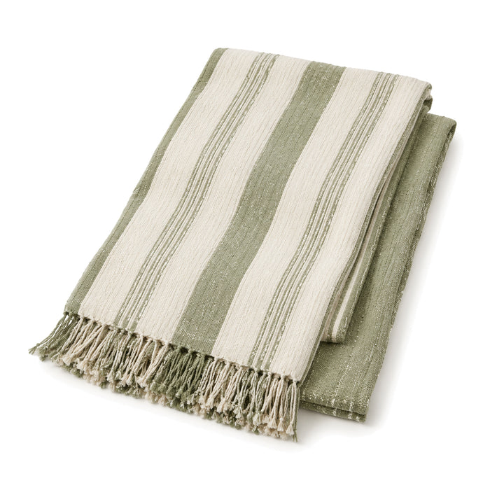 Sage green and cream handloom striped cotton throw with fringe 130×170 cm by Primeval