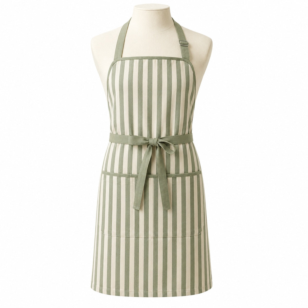 Primeval sage green and cream striped chef apron displayed on a dress form