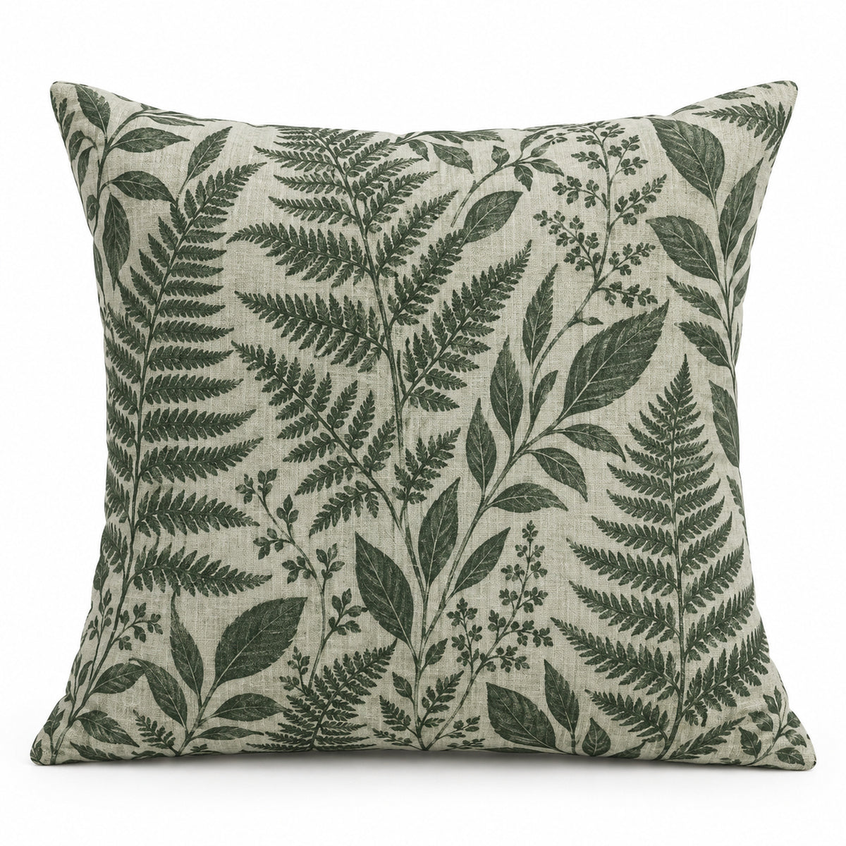 Botanical Fern & Leaf Printed Cushion Cover – Green on Natural Beige, 45 x 45 cm
