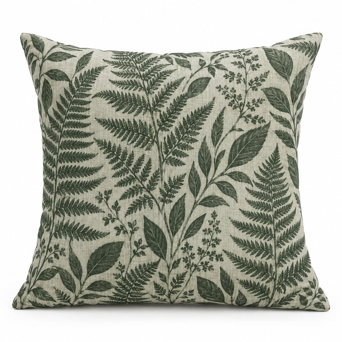 Botanical Fern & Leaf Printed Cushion Cover – Green on Natural Beige, 45 x 45 cm