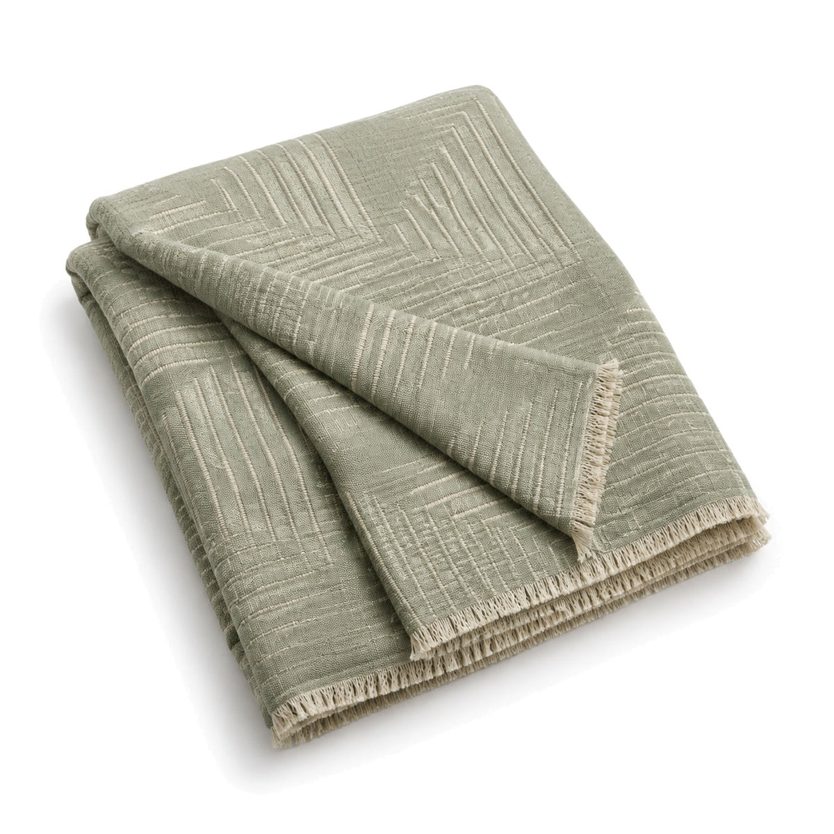 Sage green abstract linear jacquard cotton throw with fringe 130×170 cm by Primeval