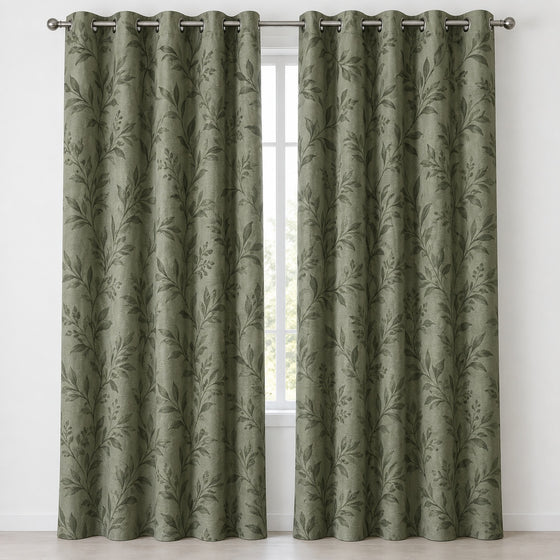 Sage green blackout curtains with tonal botanical print, front product view - Primeval