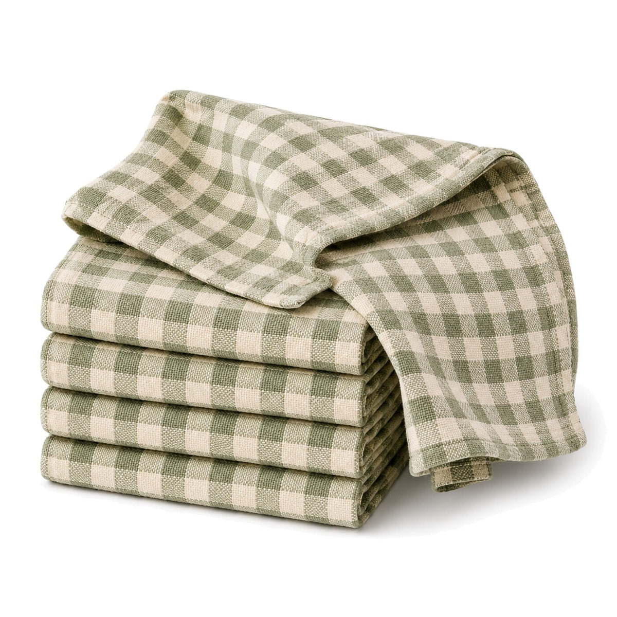 Primeval sage green and cream gingham check cotton kitchen towel set in folded studio presentation