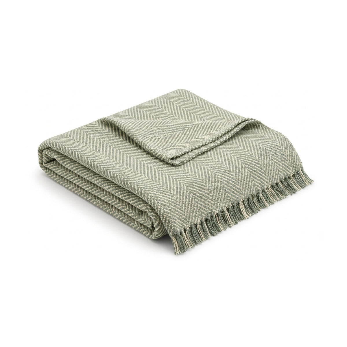 Sage green herringbone woven cotton throw with fringe 130×170 cm by Primeval