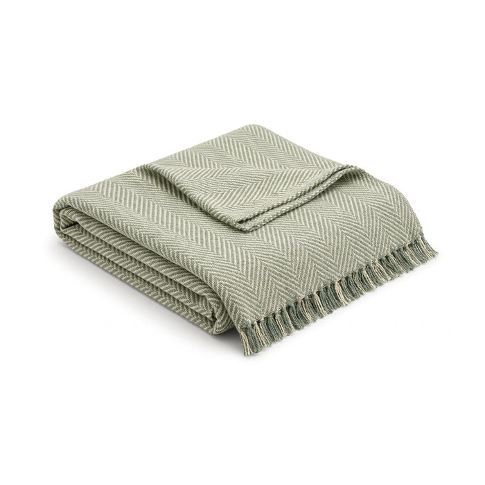 Sage green herringbone woven cotton throw with fringe 130×170 cm by Primeval