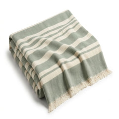 Sage green and ivory broad stripe woven cotton throw with fringe 130×170 cm by Primeval