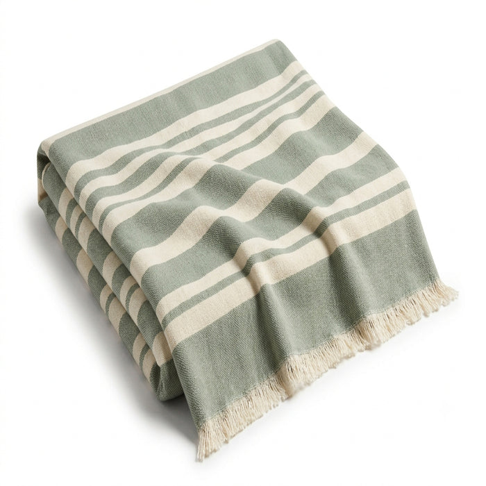 Sage green and ivory broad stripe woven cotton throw with fringe 130×170 cm by Primeval