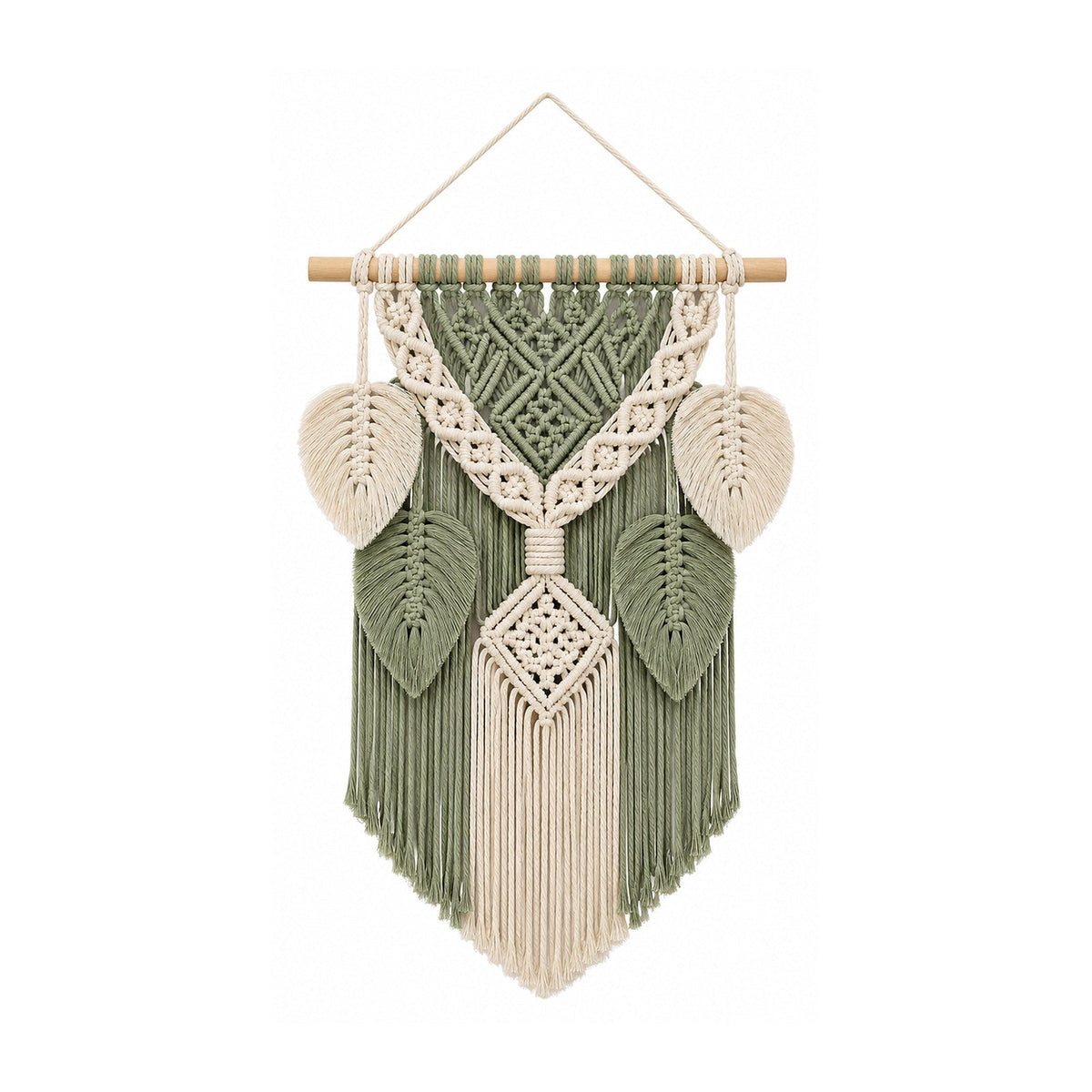 Sage green and ivory leaf cotton macrame wall hanging with botanical layered knotwork