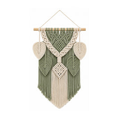 Sage green and ivory leaf cotton macrame wall hanging with botanical layered knotwork