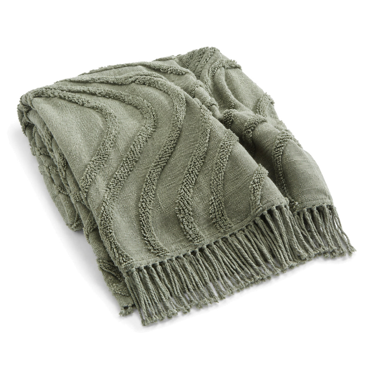 Sage green tufted wave textured cotton throw with fringe 130×170 cm by Primeval