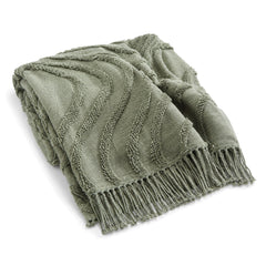 Sage green tufted wave textured cotton throw with fringe 130×170 cm by Primeval