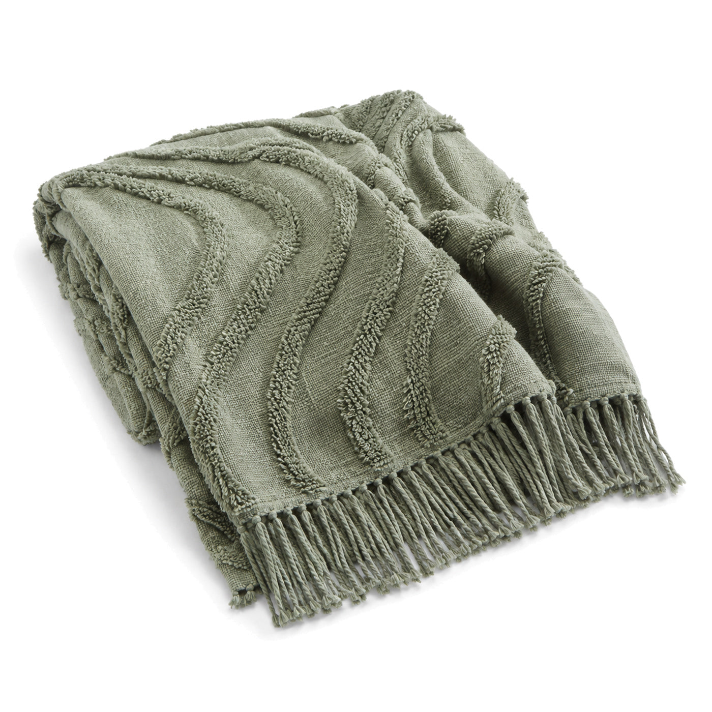Sage green tufted wave textured cotton throw with fringe 130×170 cm by Primeval