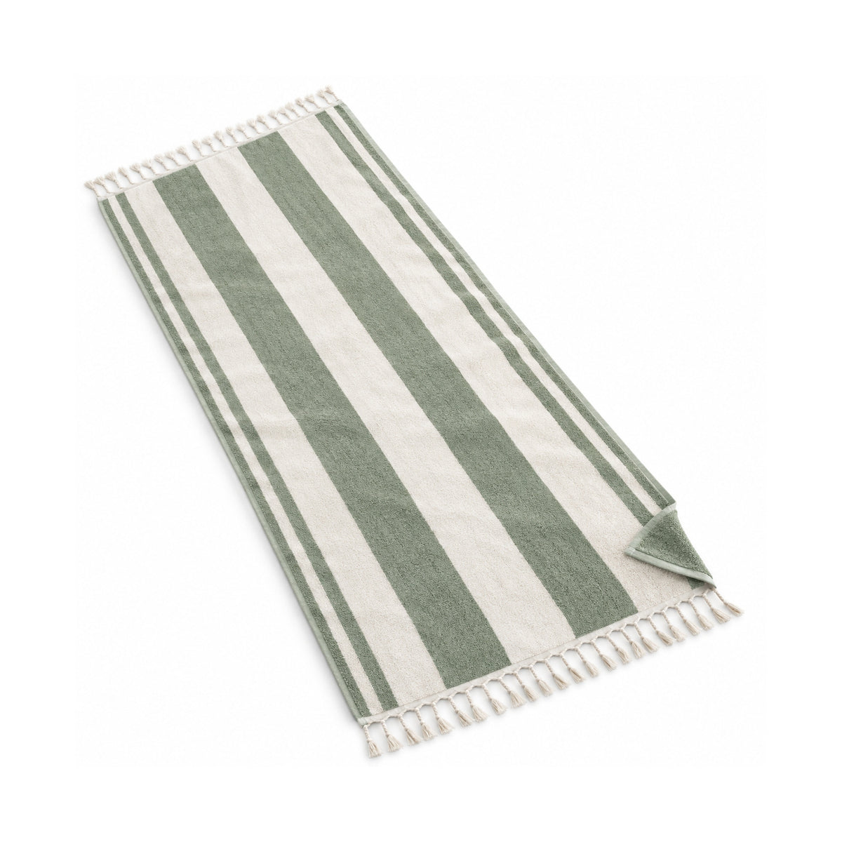Sage green and white striped fringed beach towel on a white background.