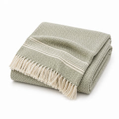 Sage Green Herringbone Woven Throw with Cream Fringe - Primeval