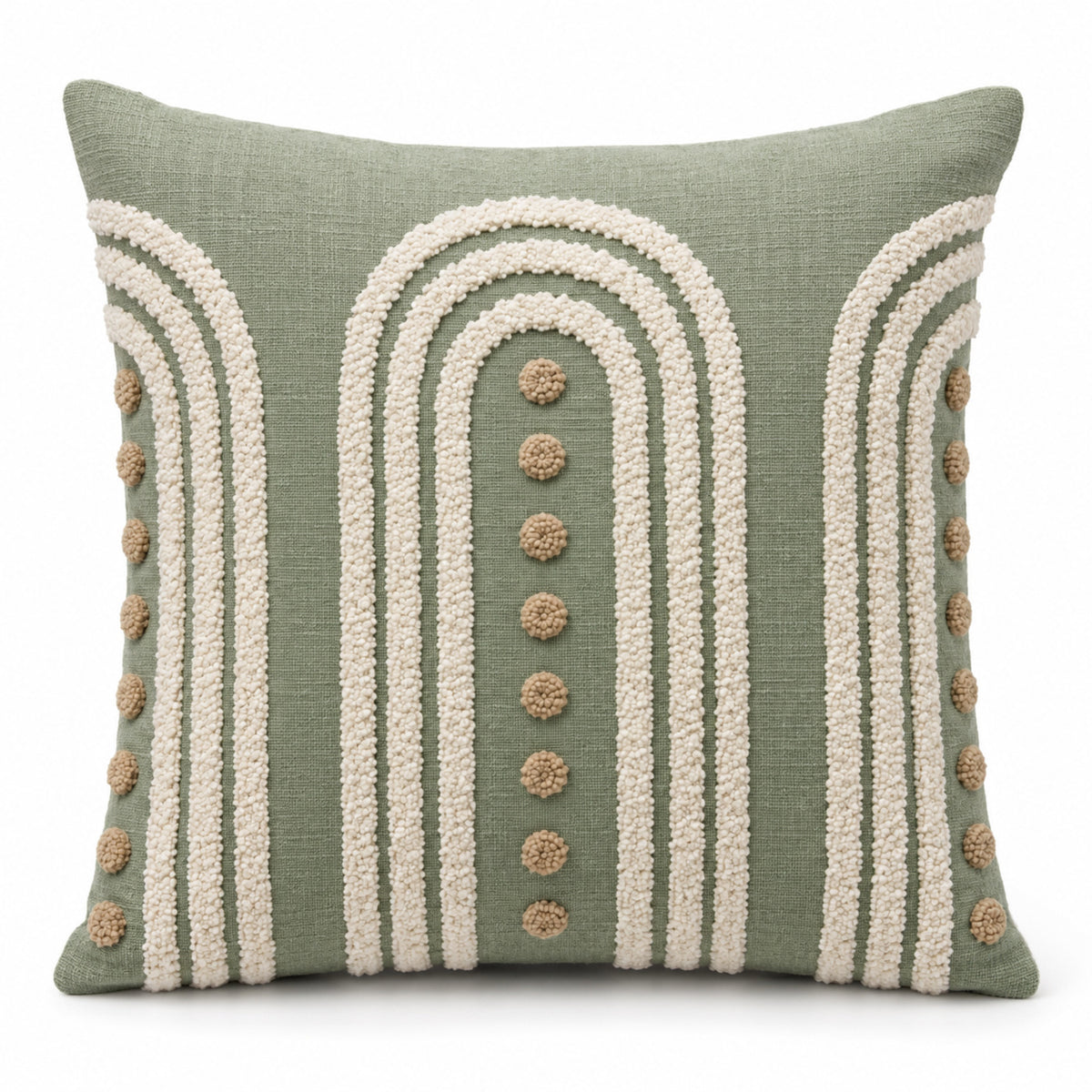 Sage green decorative cushion with ivory arch tufting and textured dot accents