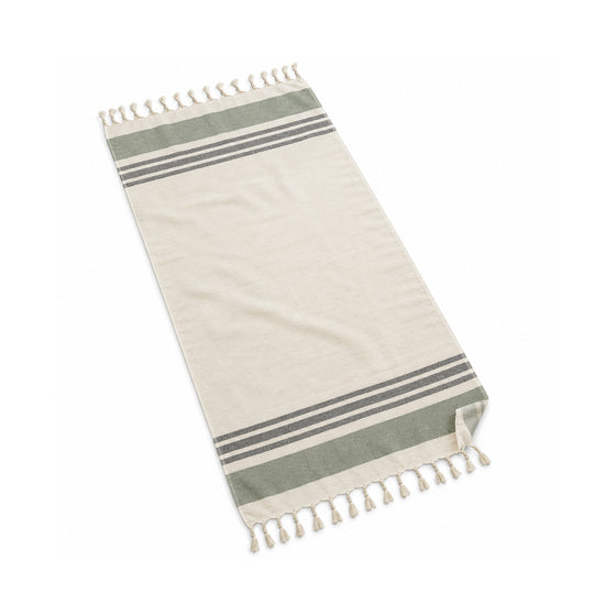 Sage and ivory fringed beach towel with a border stripe design and relaxed coastal character.
