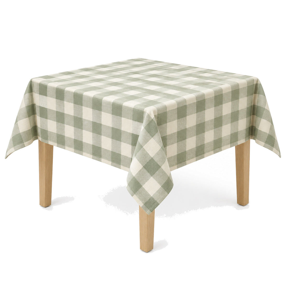 Primeval sage ivory check tablecloth displayed on a square dining table